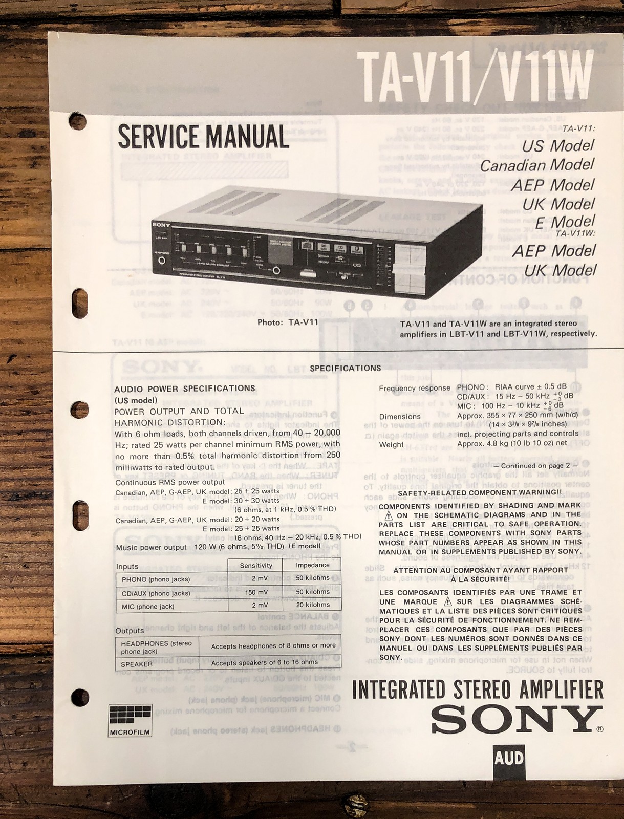 Sony TA-V11 TA-V11W Amplifier Service Manual *Original*