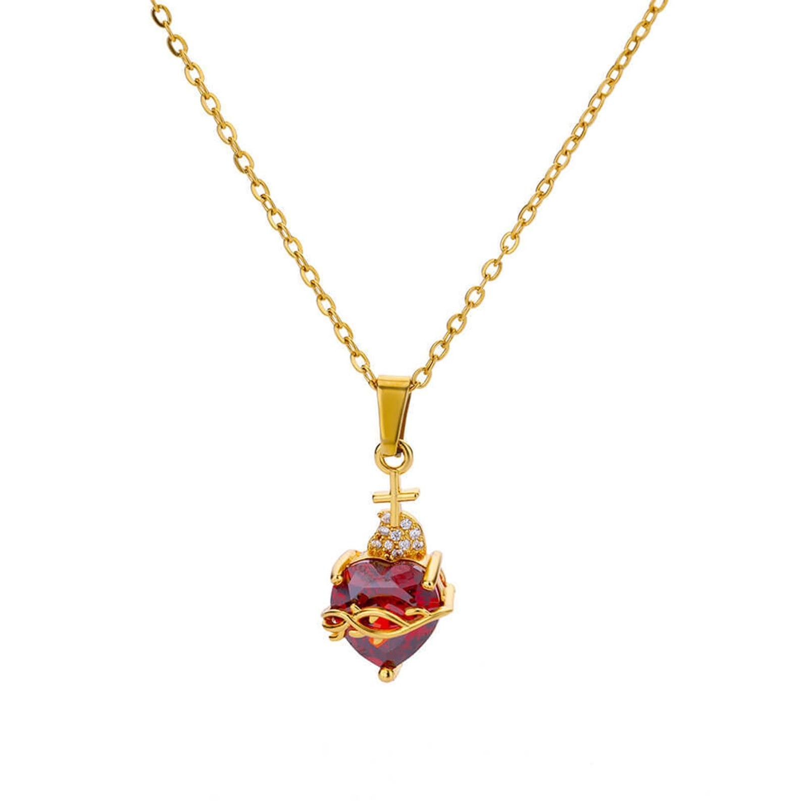 Gold Sacred Heart of Jesus Pink Heart of Mary Necklace for Women with Cubic Z...