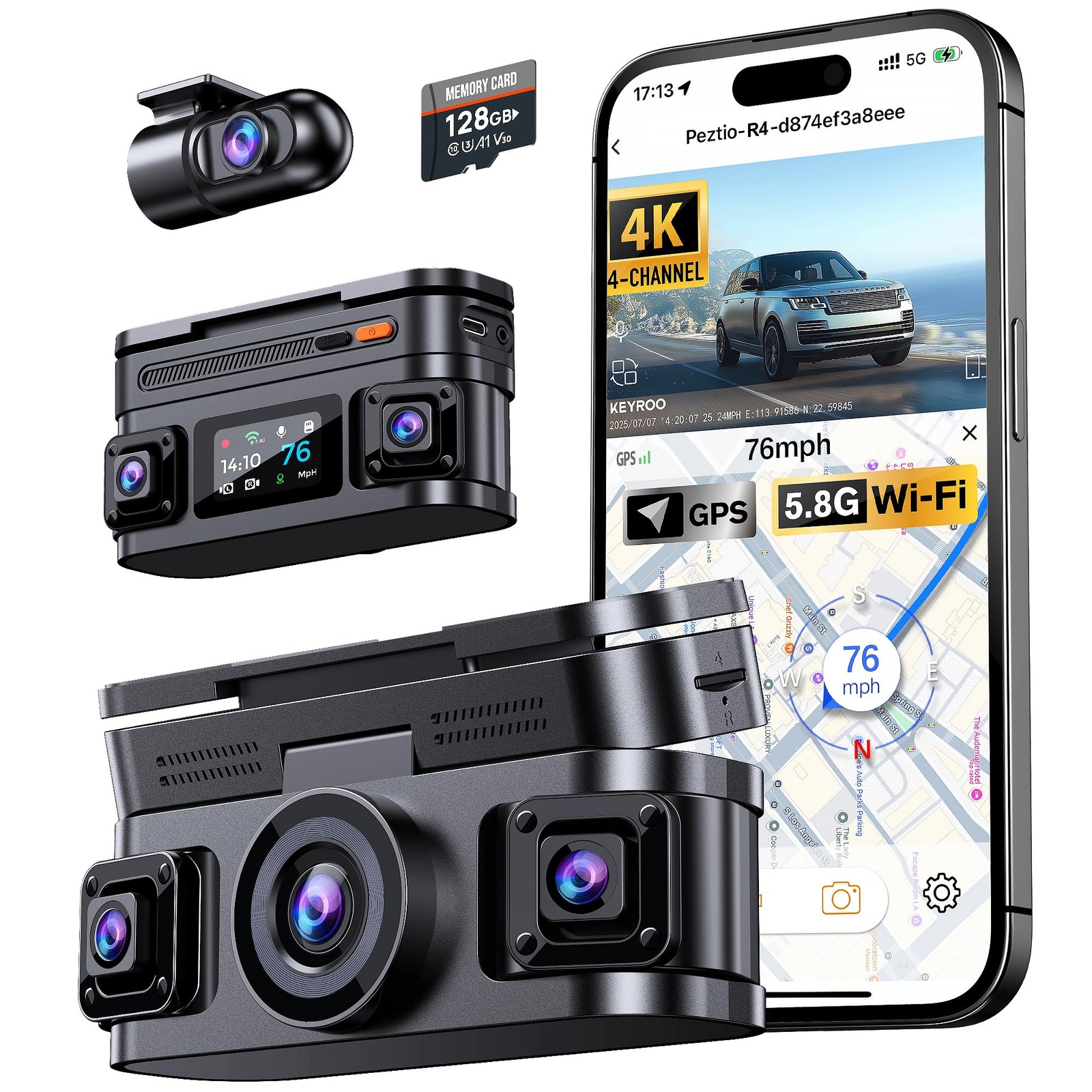 360° View 4K 4 Channel Dash Cam Front and Rear Inside Left Right, Built-in GP...