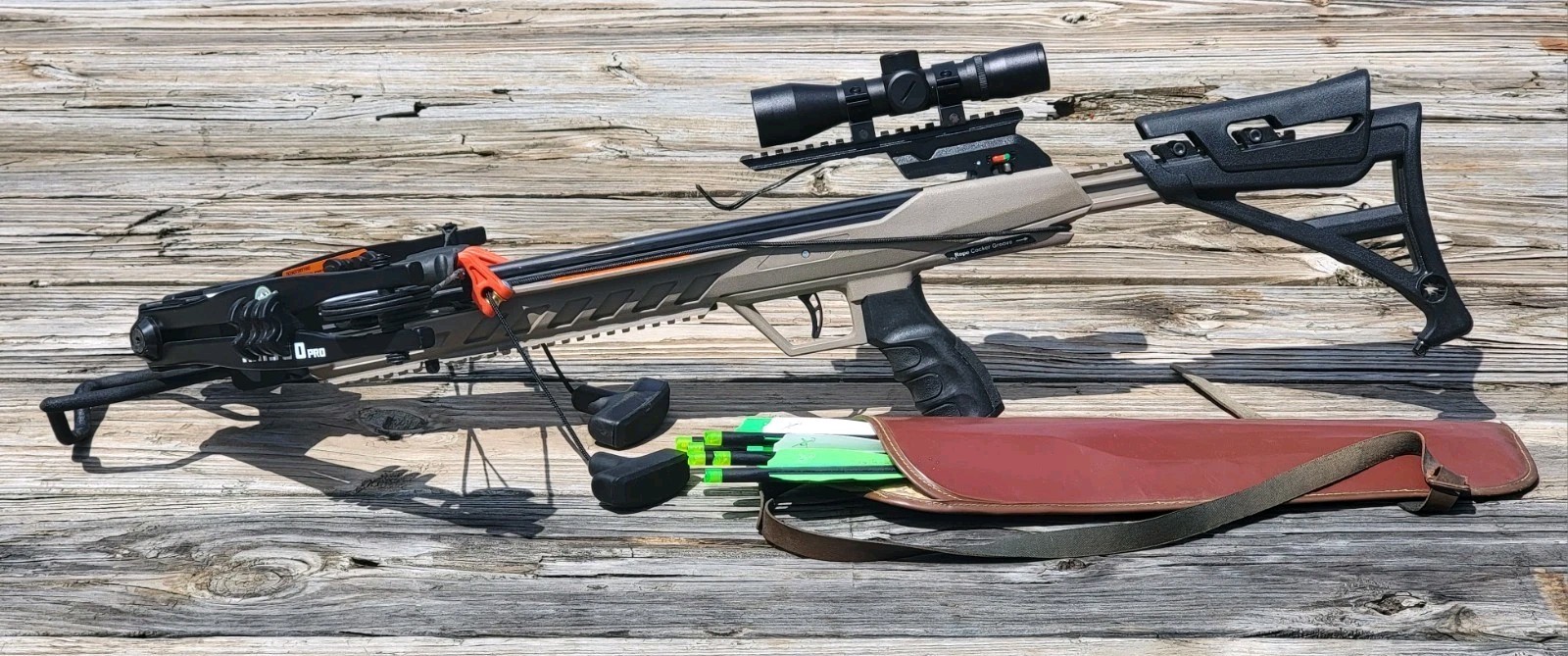 Rocky Mountain RM360 Pro Tan Crossbow 185 Ib Pull, w/ 6 20" Bolts & Rope Pulley