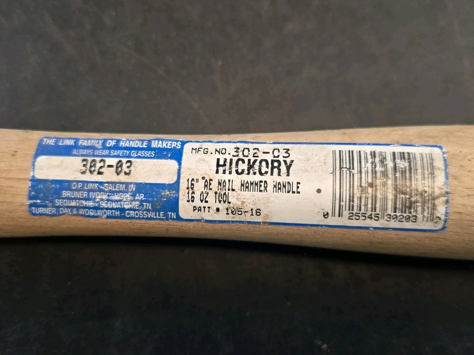 Link Hickory Handle - Replacement Handle ONLY 16" Claw Hammer 302-03 Hickory