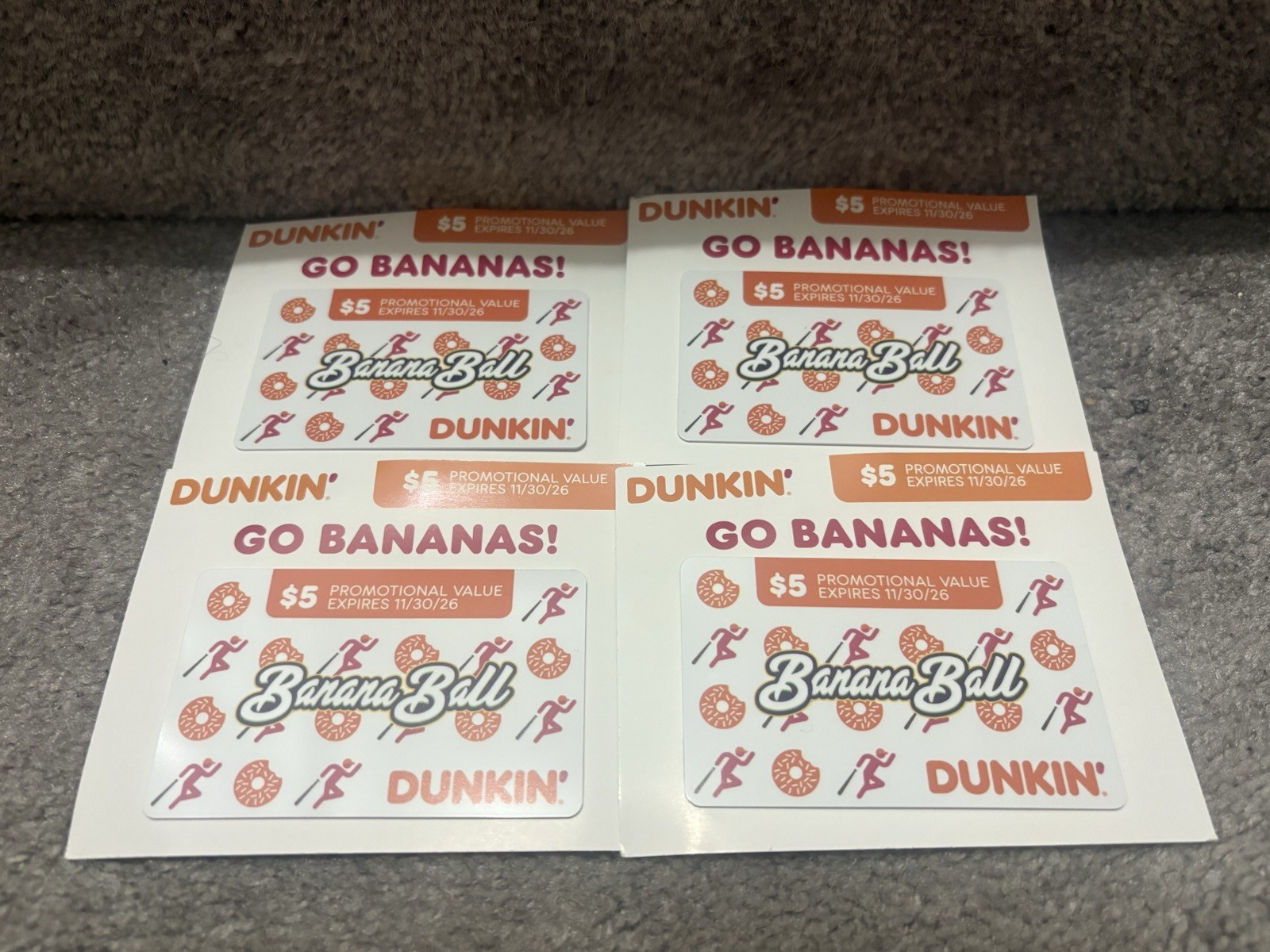 4X SAVANNAH BANANAS BALL BASEBALL DUNKIN $5 UNUSED GIFT CARDS CARD $20 TOTAL