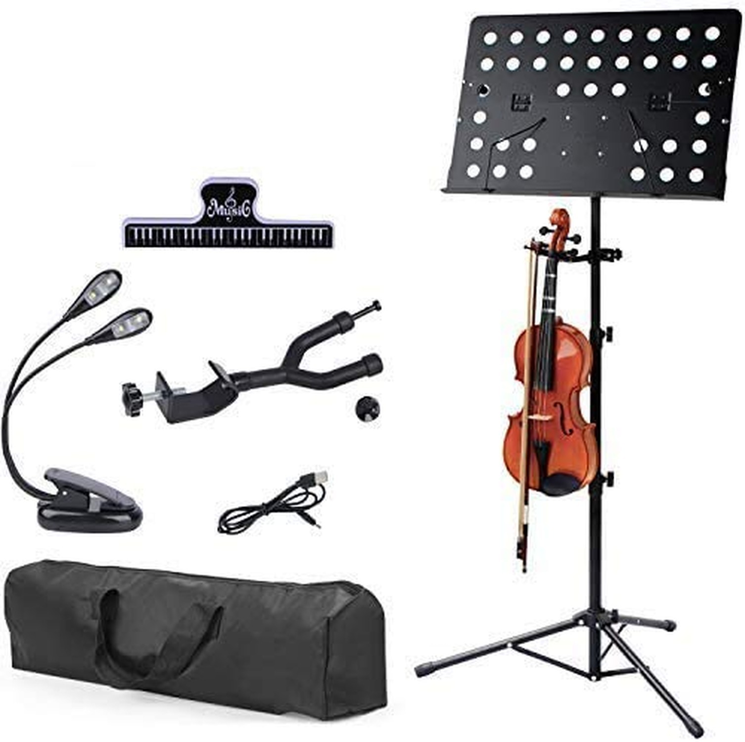 Klvied Professional Sheet Music Stand with Violin Hanger, Folding & Portable ...