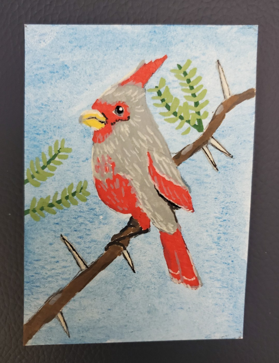 Pyrrhuloxia Desert Cardinal Original Acrylic ACEO Miniature Bird Art Painting