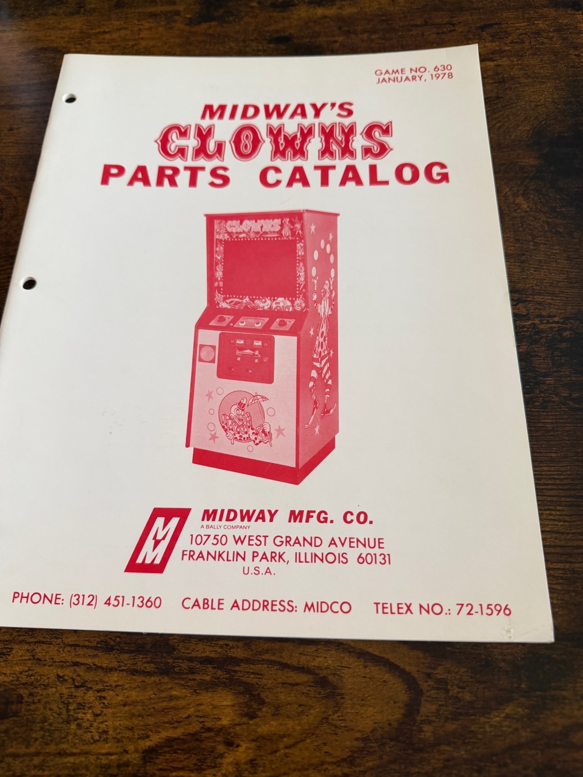 Midway Clowns Arcade Game Parts Catalog Manual January 1978 #630 USED