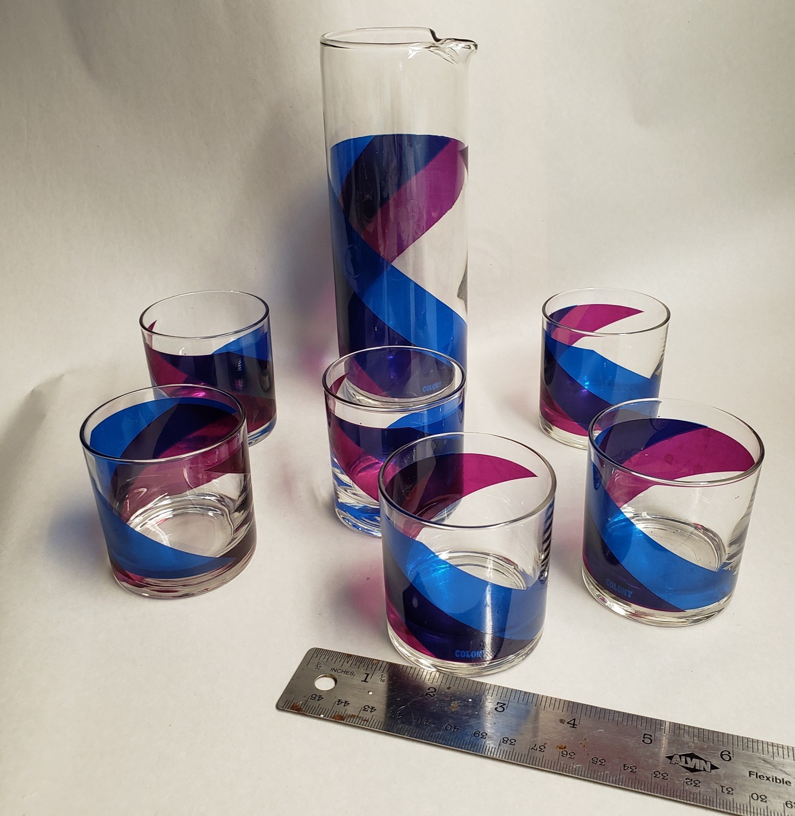 Vintage 70s COLONY Cocktail Bar Set 7 Pcs Retro Blue Purple MCM Mod Groovy RARE