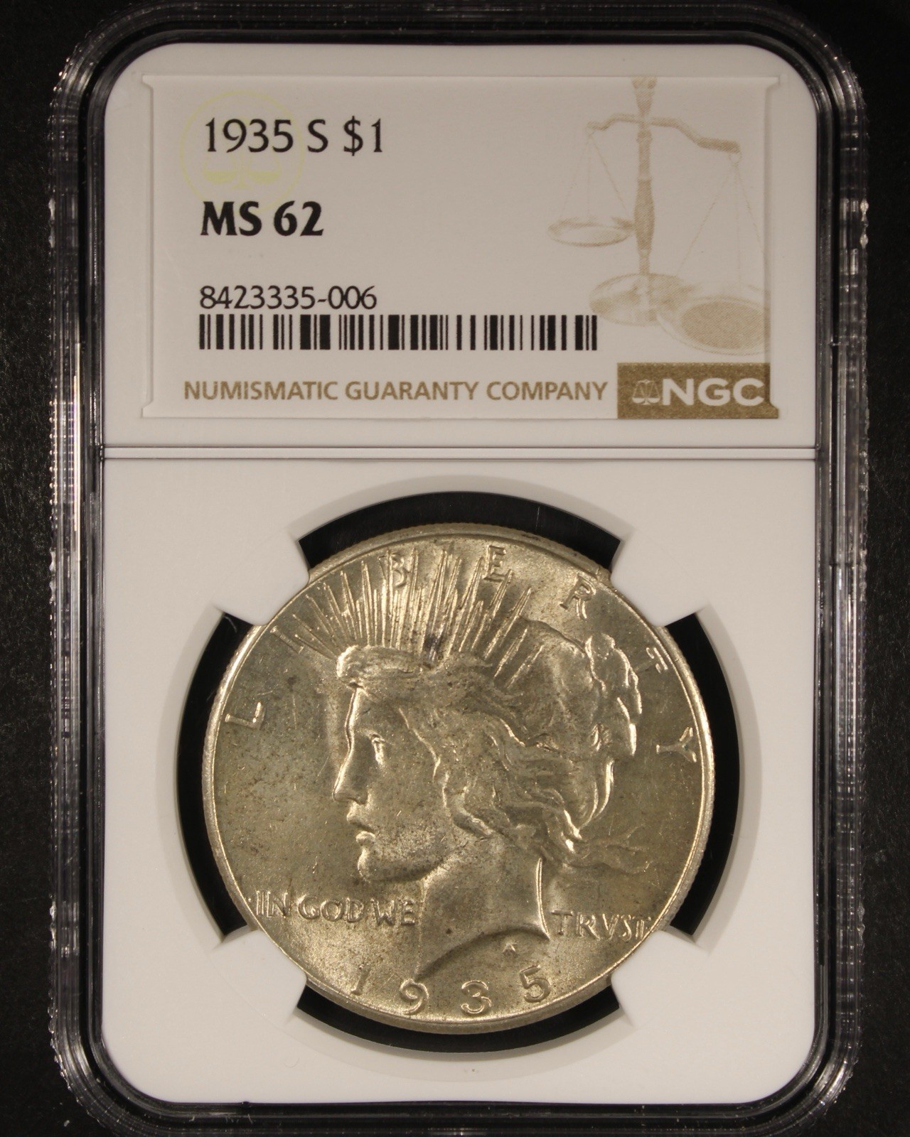 1935-S Peace Dollar - $1 NGC MS62 - Lustrous Example!
