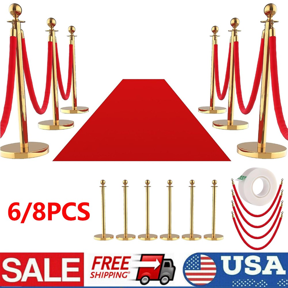 Gold Velvet Rope Stanchion 37" Post, 5ft Red Rope, with Red Carpet Event & Party