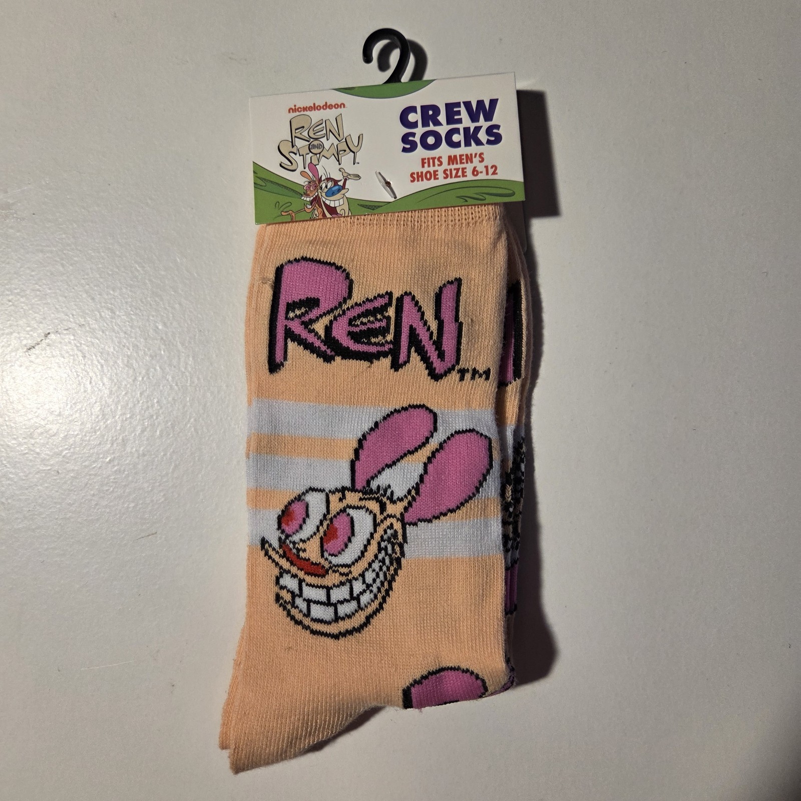 Nickelodeon Ren Crew Socks Mens Shoe Size 6-12 Beige Pink White Striped 1 Pair