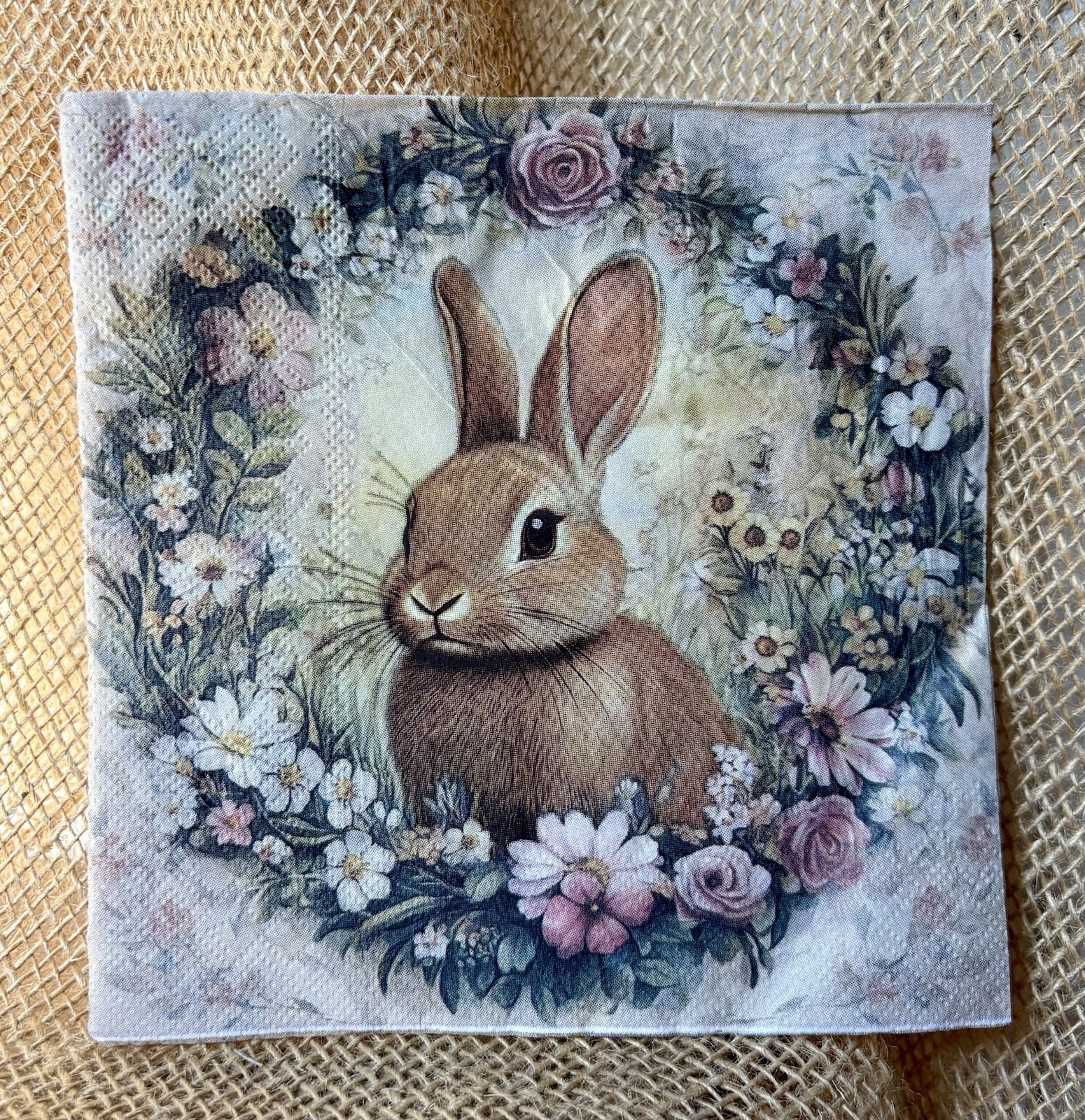L-078 Rabbit, Floral Wreath Luncheon Size Paper Napkins For Decoupage Crafting