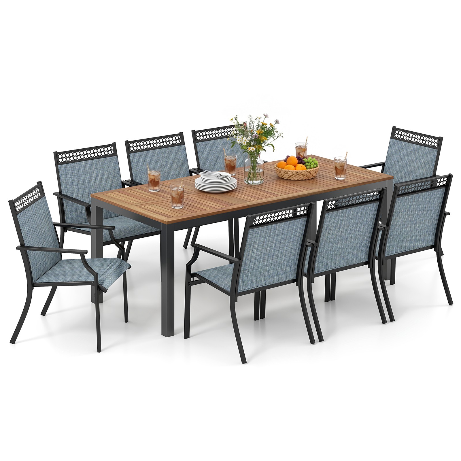 9PCS Patio Dining Set for 8 w/Quick-Drying Fabric, Sturdy Acacia Wood for Garden