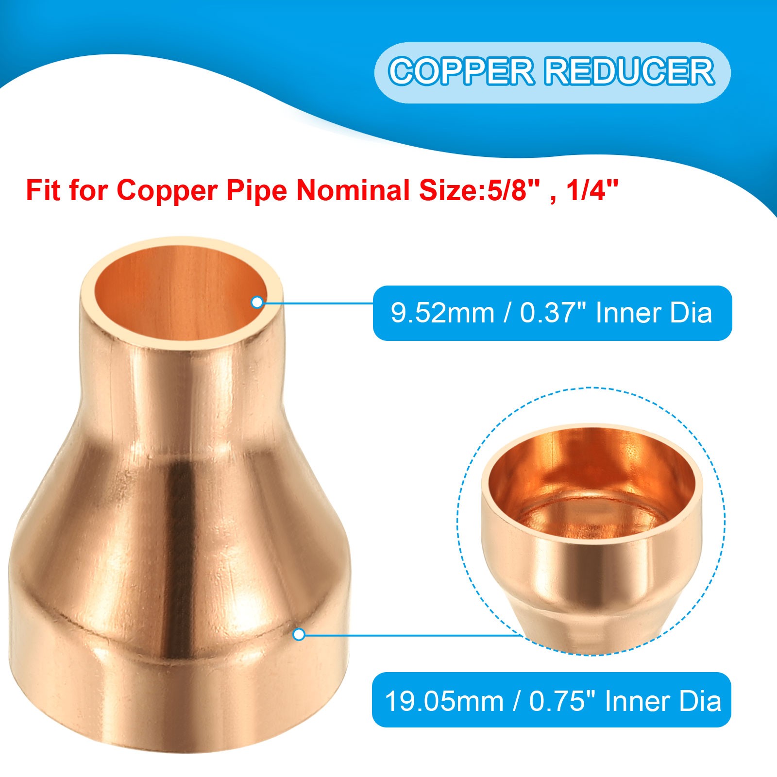 5/8" to 1/4" Nominal Size Copper Reducer Fitting Pipe Connector Adapter
