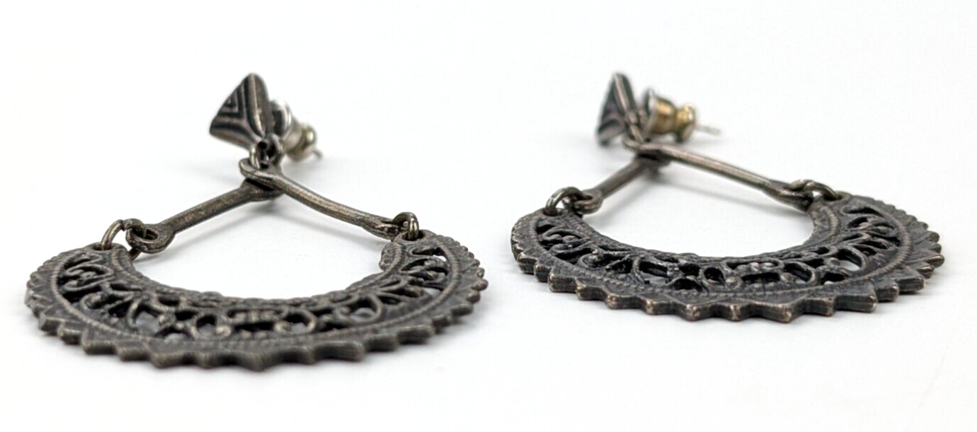 Vintage Openwork Pewter Tone Dangle Drop Pierced Earrings 2.5" Boho