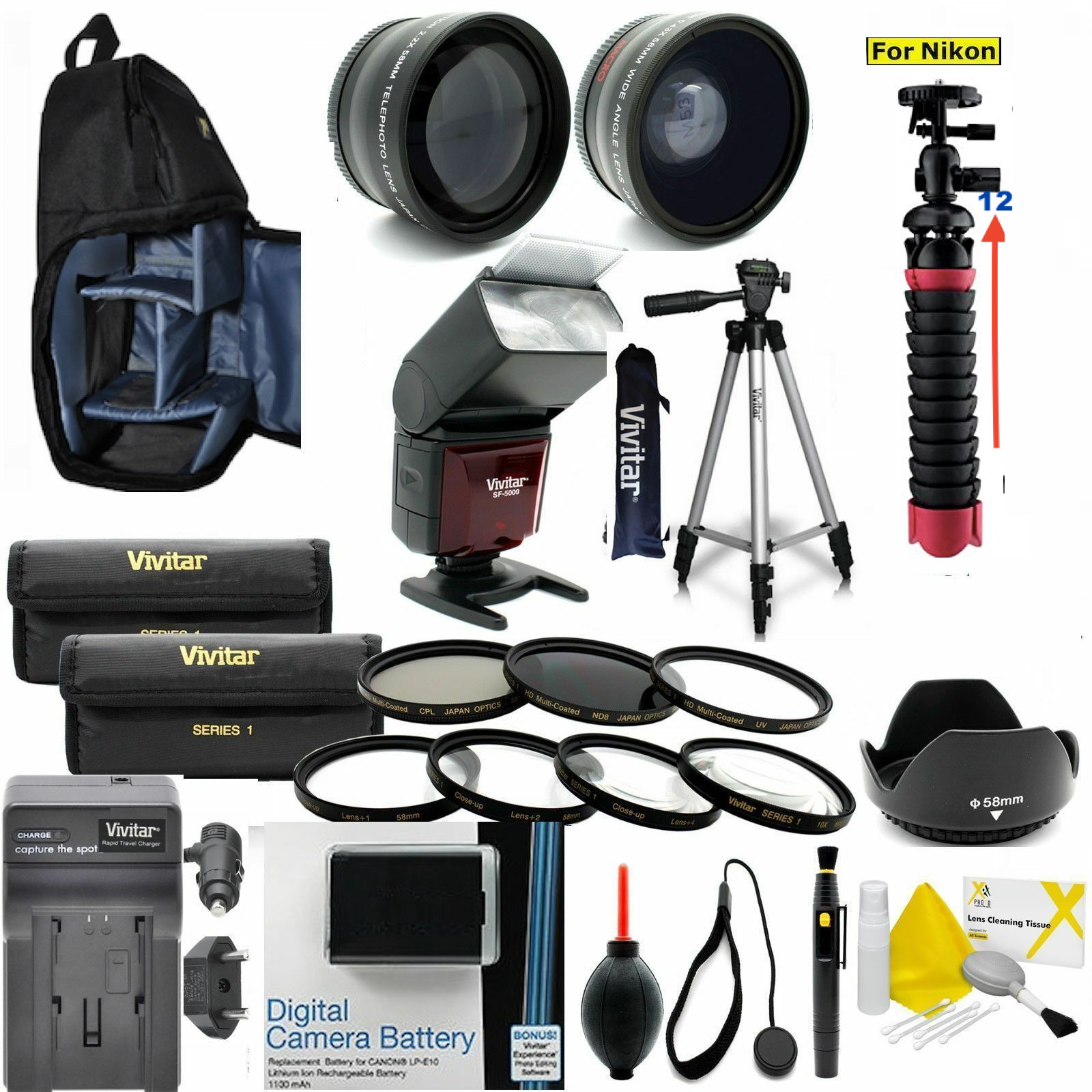 NIKON D3400 ACCESSORIES BUNDLE KIT INCLUDES BAG FLASH LENSES 2TRIPODS FILTERS