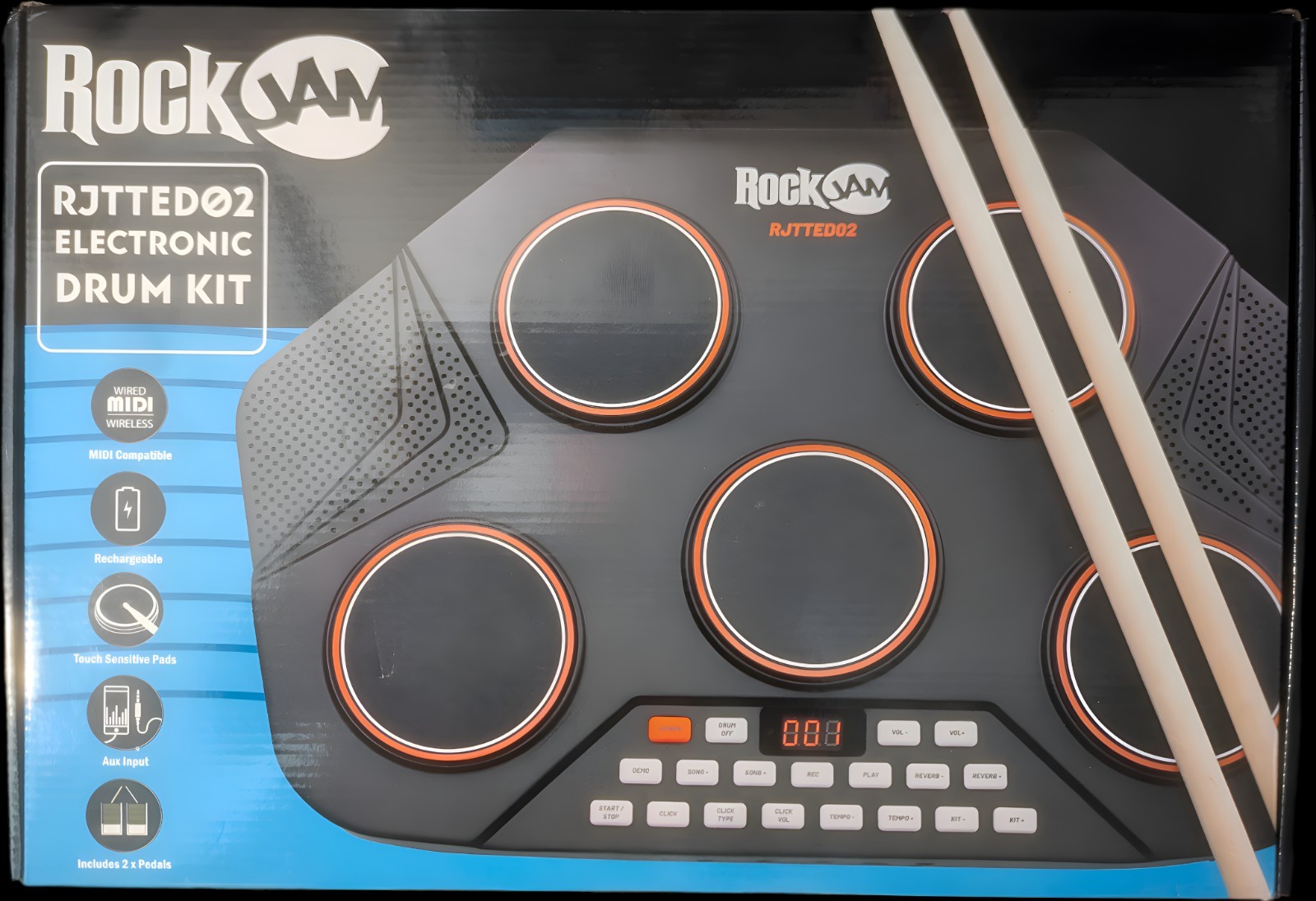New RockJam RJTTED02 Electric Drum Kit USB MIDI Socket DC Charging