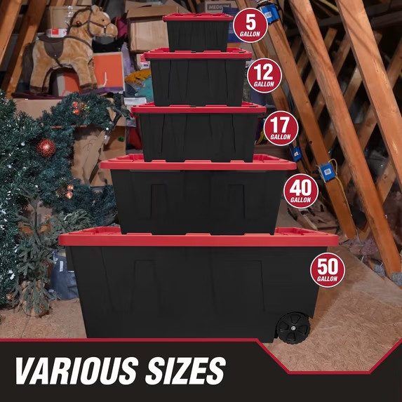 Hyper Tough 27 Gallon Large Storage Bin with Snap Lid, Black and Red, Heavy Duty