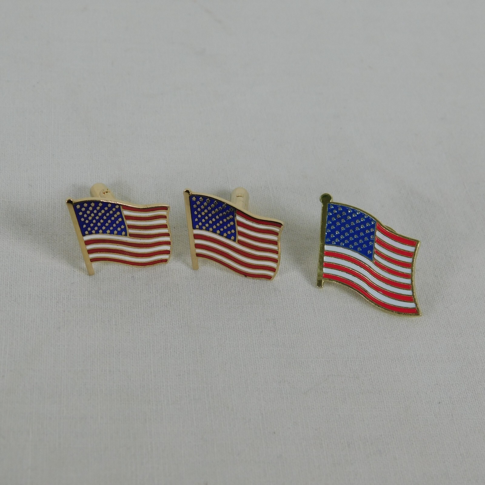 Set of 3 United States America Flag Cuff Links 3/4" Lapel Pin 7/8" Painted Metal
