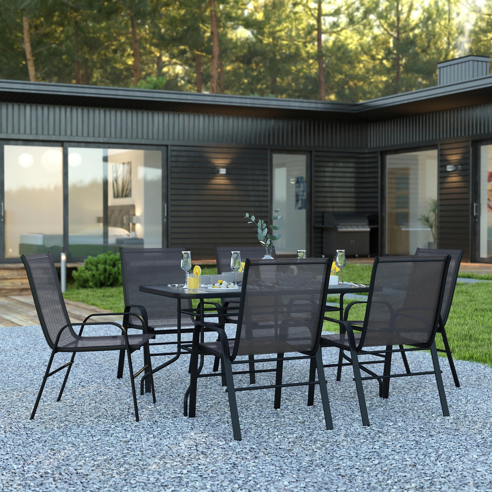 7 Piece Patio Dining Set - 55" Glass Patio Table 6 Black Flex Stack Chairs