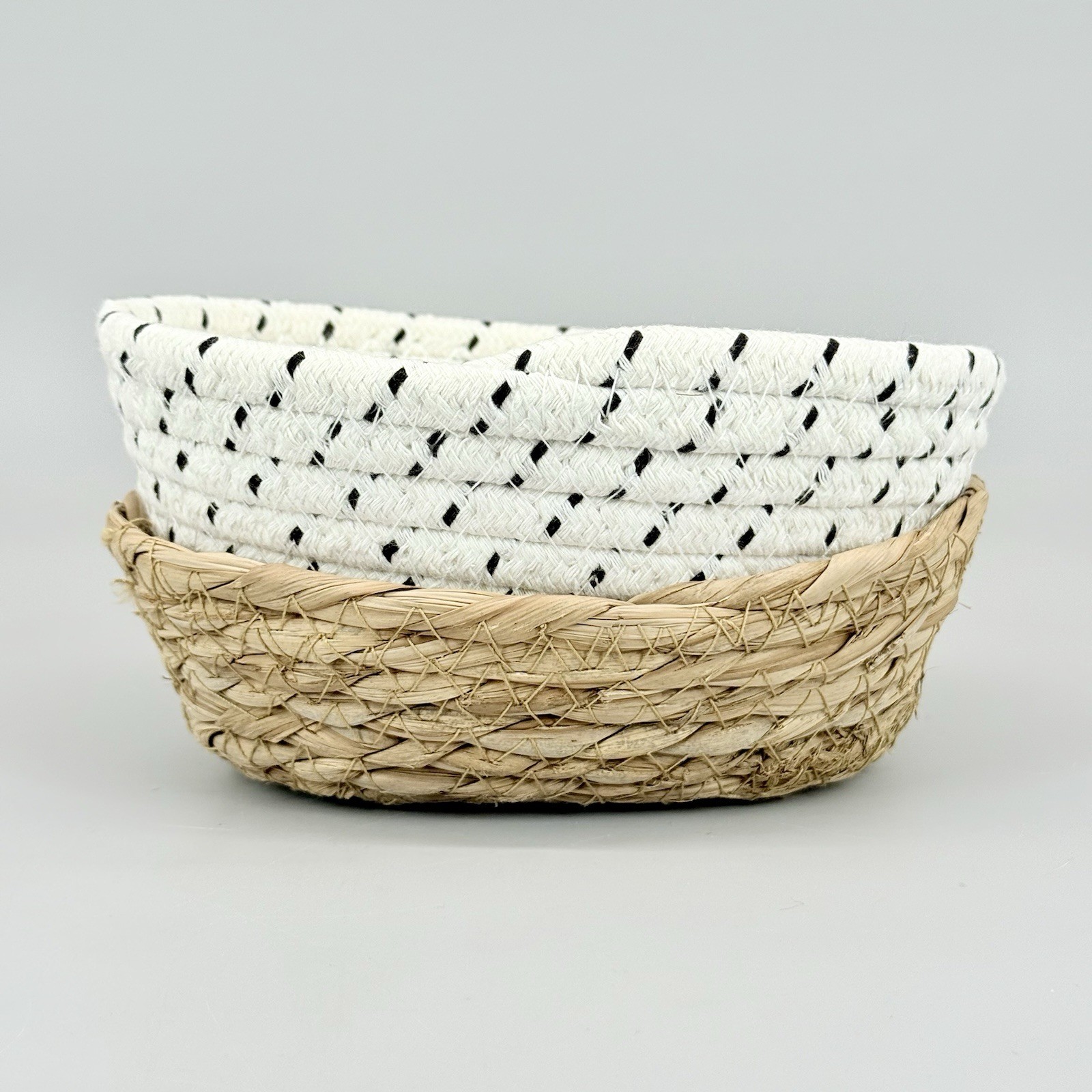 Pair of Small Handwoven Rope Baskets Cotton Twill Straw Decor Storage 6.25"