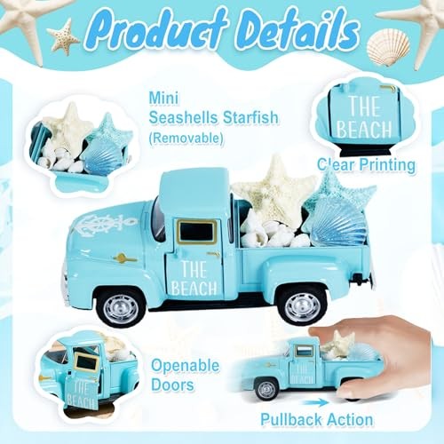 Summer Beach Decor 5 Inch Vintage Truck with Mini Seashells and Starfish Blue