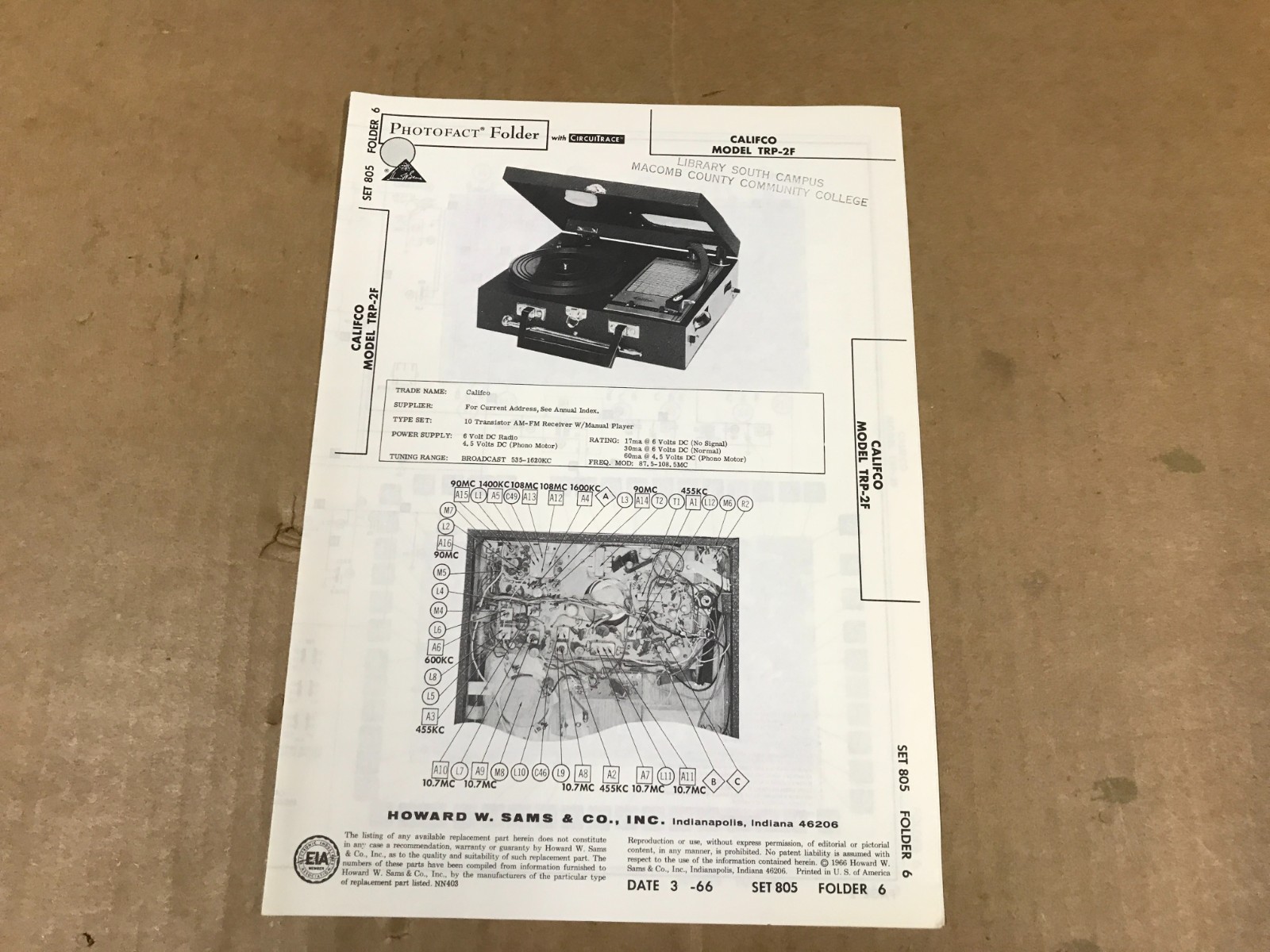 Vintage Photofact Folder - 805-6 - Califco 10-Transistor AM-FM Receiver - TRP-2F