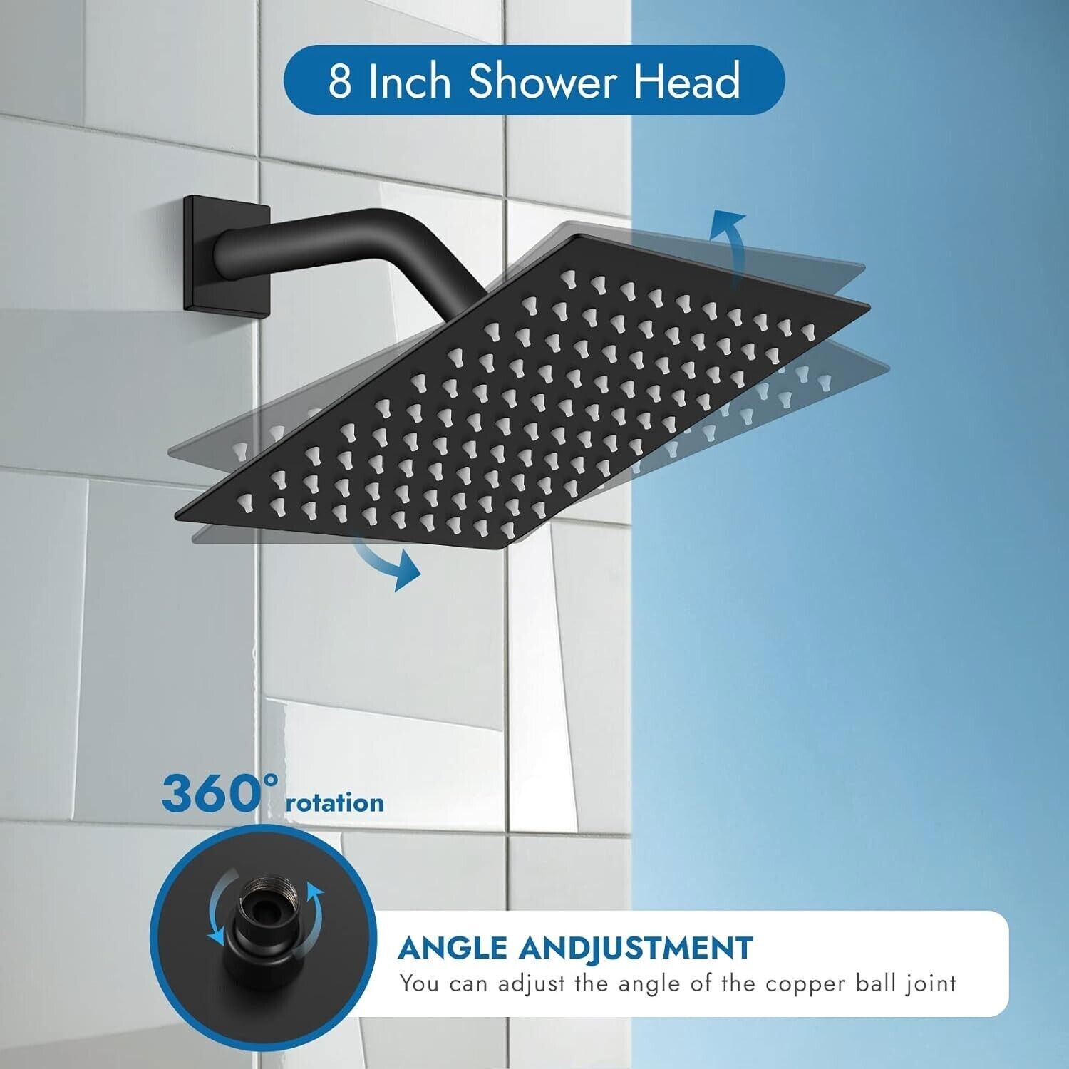 Black Shower Faucet Set 8"Rainfall Shower Head Combo System with Mixer Valve Kit