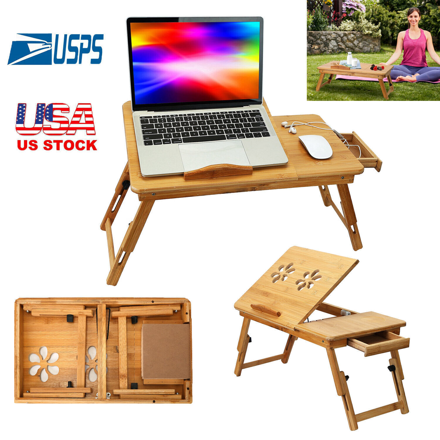 Portable Laptop Desk Lap Bed Tray Heavy Duty Adjustable Table Stand Bamboo Desk