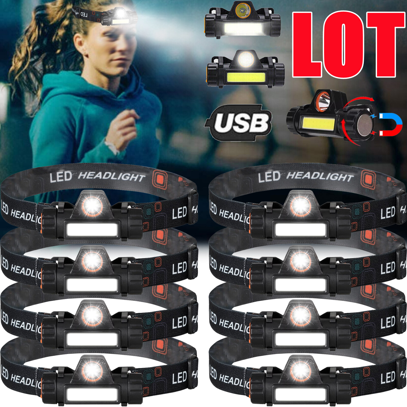 Super Bright LED Headlamp Flashlight Rechargeable Headlight Waterproof Lamp LOT