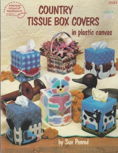 COUNTRY TISSUE BOX COVERS IN PLASTIC CANVAS 13 CUTE DESIGNS!!