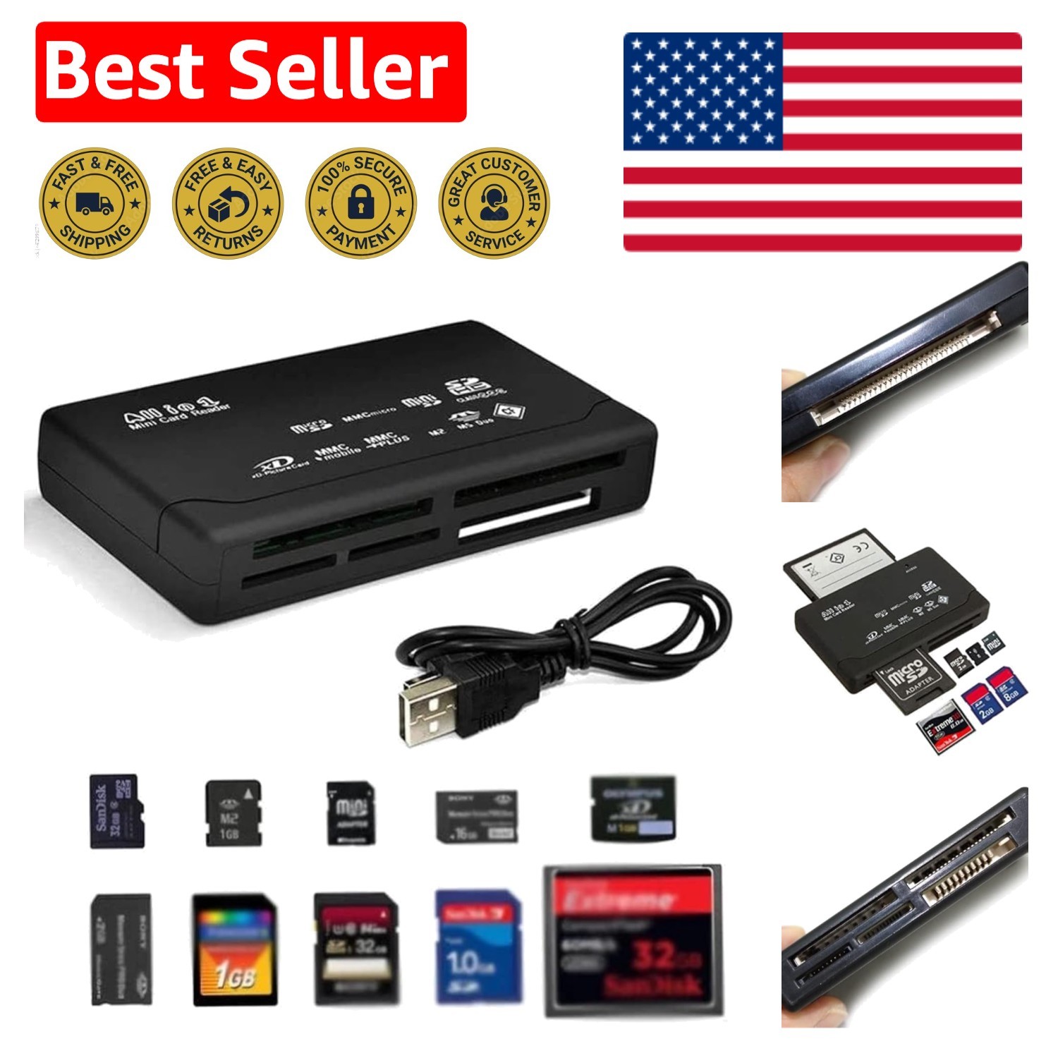 High-Speed USB 2.0 Card Reader Adapter for Windows & Mac - Supports 6 Formats