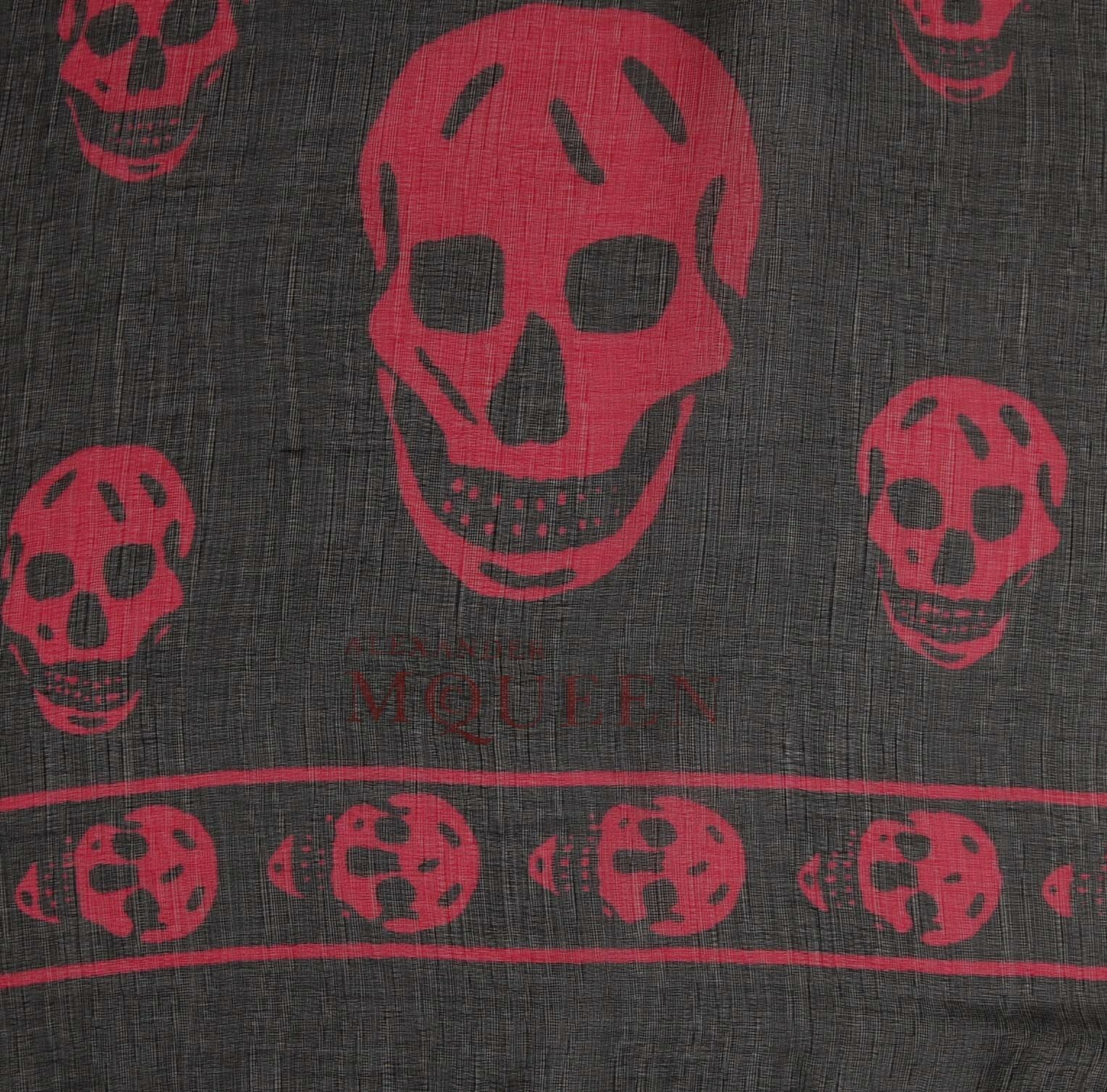 Alexander McQueen Black Chiffon Silk Scarf w/Purple Pink Skull Print 110640 1071
