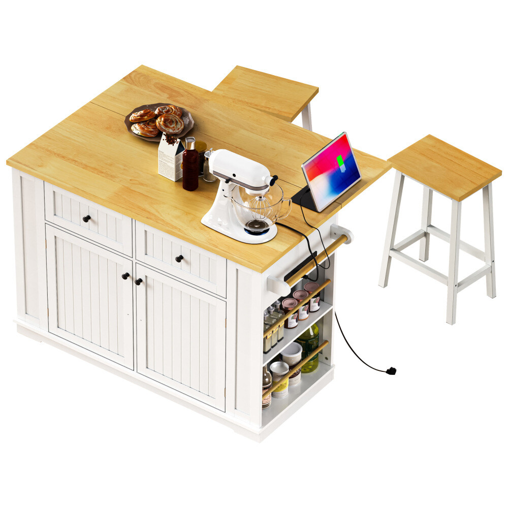 48inch Large Kitchen Island with 2 Bar Stools, Power Outlet, Storage Rack