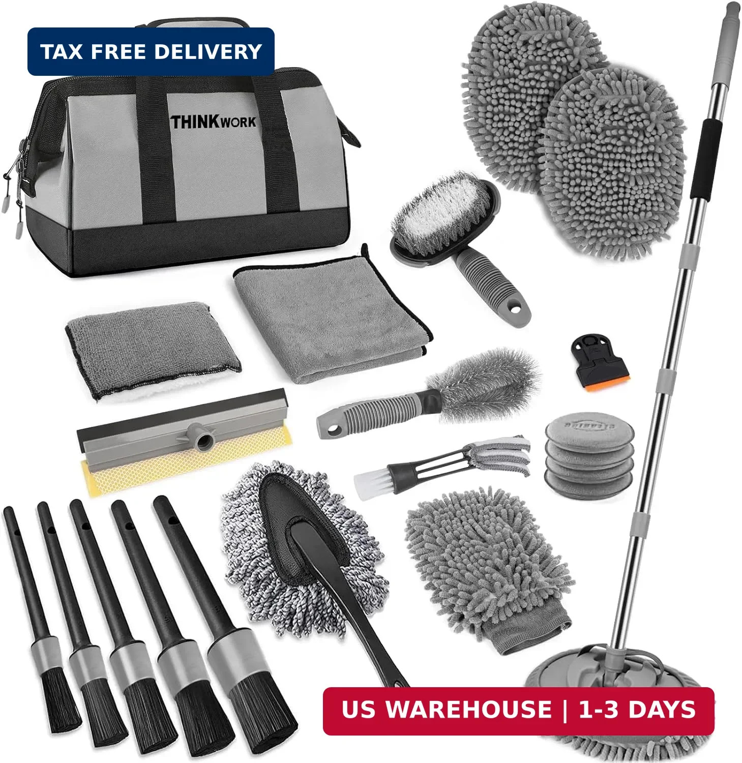 THINKWORK Car Wash Kit, 62'' Car Washing Brush with Long Handle, Extendable Car