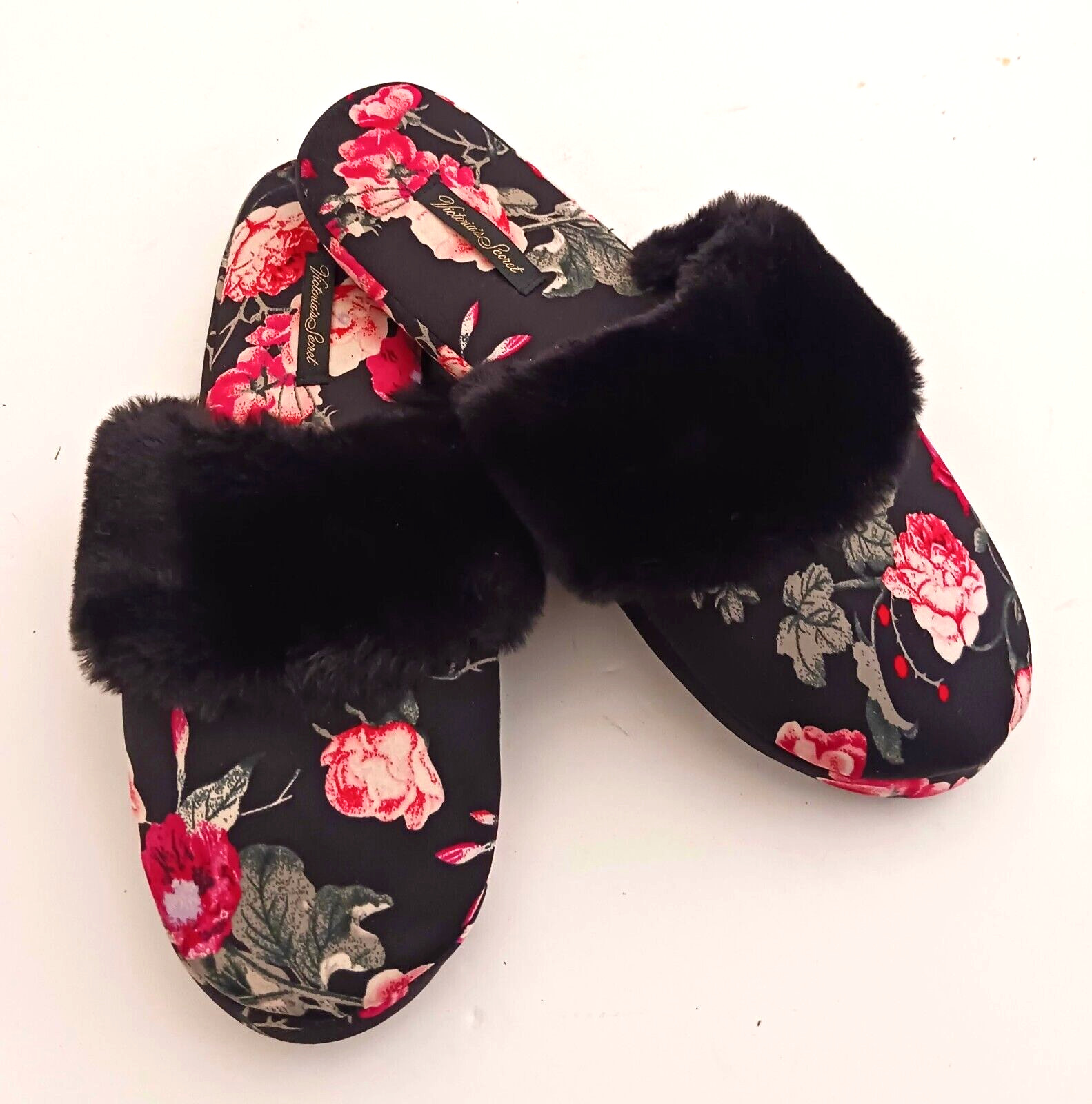 NEW Victorias Secret Skuff  Slipper Blk Red Roses Blk Faux Fur Trim Sz M