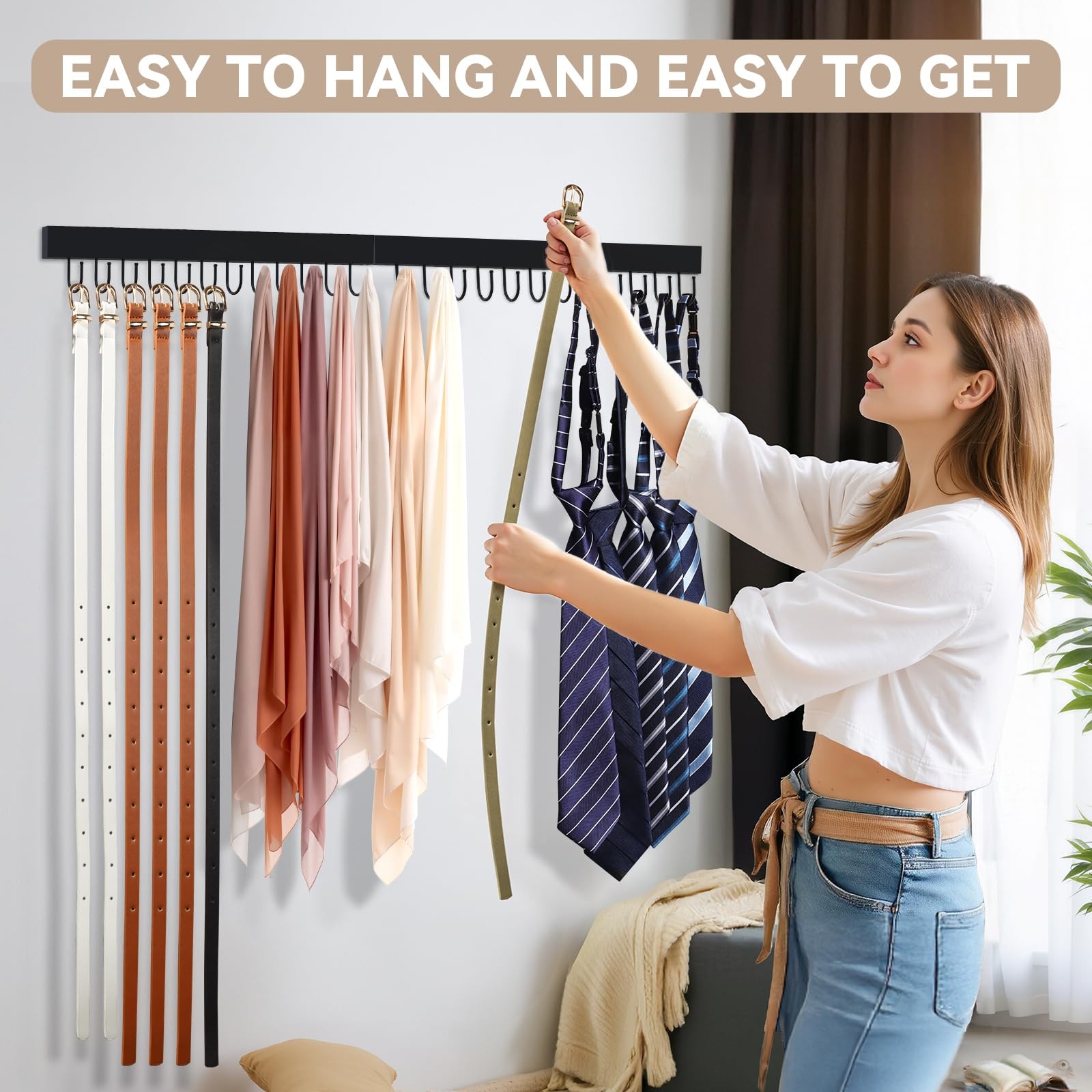 2PCS Wooden Belt Hanger Wall Mount 24 Hooks Closet Organizer