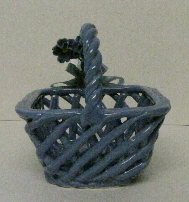 Open Weave Square Ceramic Basket With Twisted Handle Blue 4" Tall