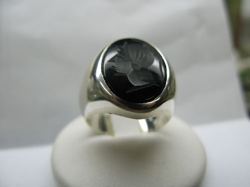 Onyx ring with warrior head engraved silver.925