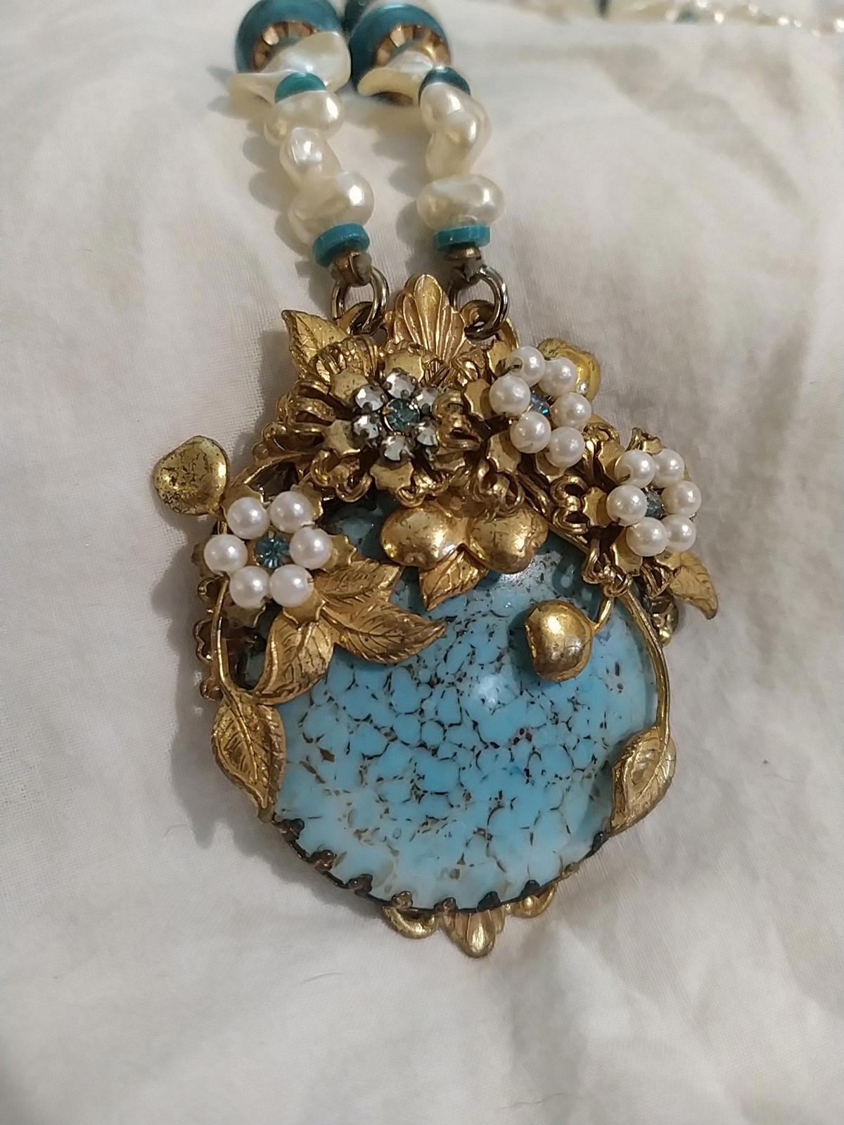 Vintage 50's Stanley Hagler NYC Necklace Turquoise Robin Egg Gold Filigree Pearl