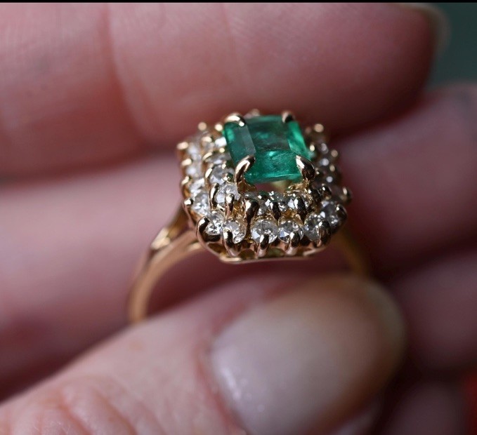 14K Solid Gold Emerald Diamond Halo Cluster Engagement Ring
