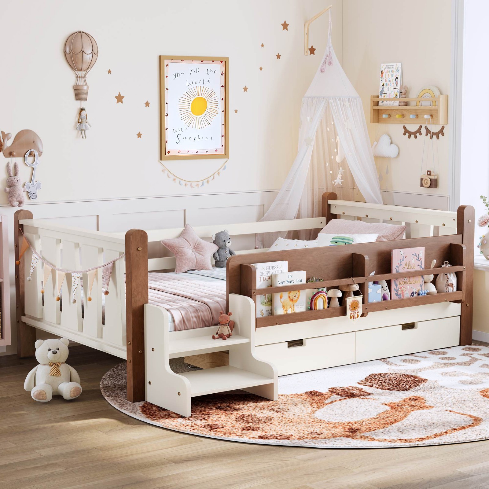 FUNIDEE Twin Size Floor Bed Plarform Bed Frame with Drawers and Bookcases Beige
