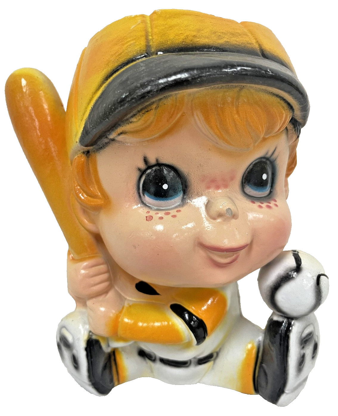 Vintage Rubens Baseball Boy Planter Figurine Small Plastic Orange Yellow 1974