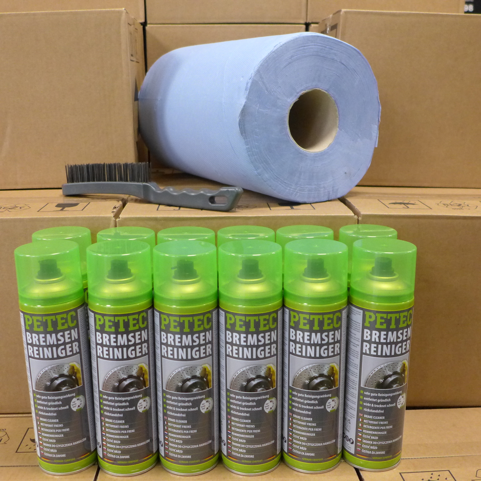 Petec 12x Bremsenreiniger Montagereiniger Entfetter 500ml +Putztuchrolle+Drah...