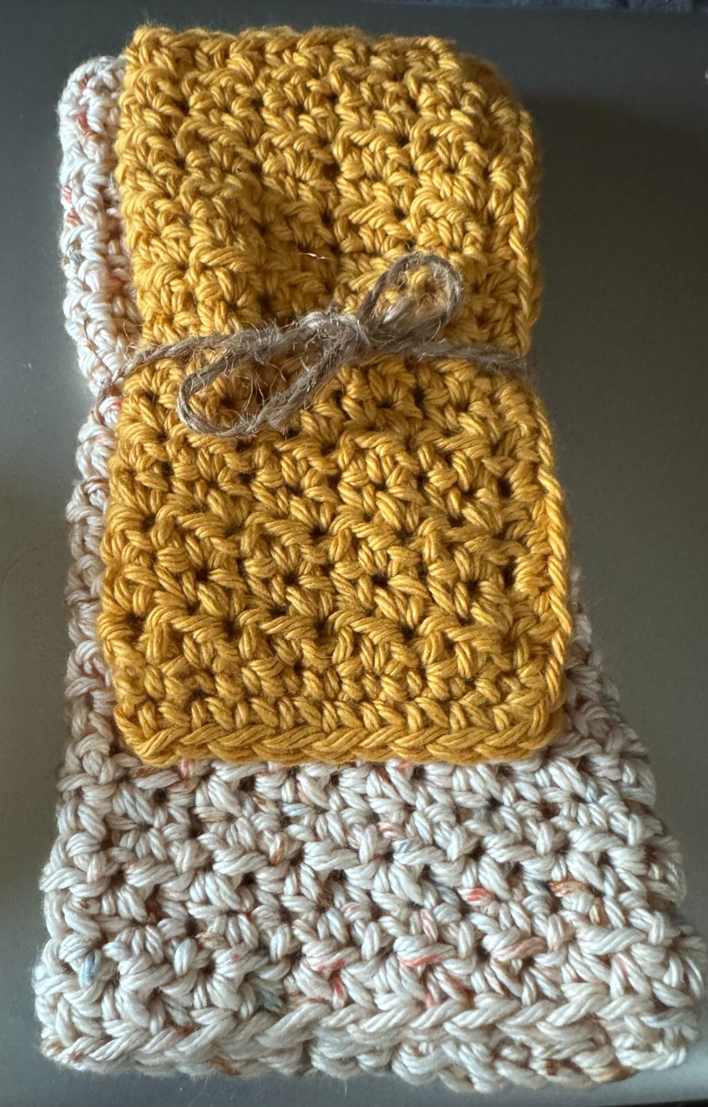 NEW HAND CROCHETED WASH CLOTH AND HAND TOWEL-GOLD AND LT TAN