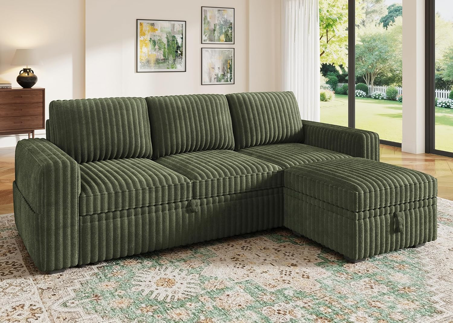 Modular Sectional Sofa with Pull Out Bed,Corduroy L Shaped Sleeper Sofa with Sto