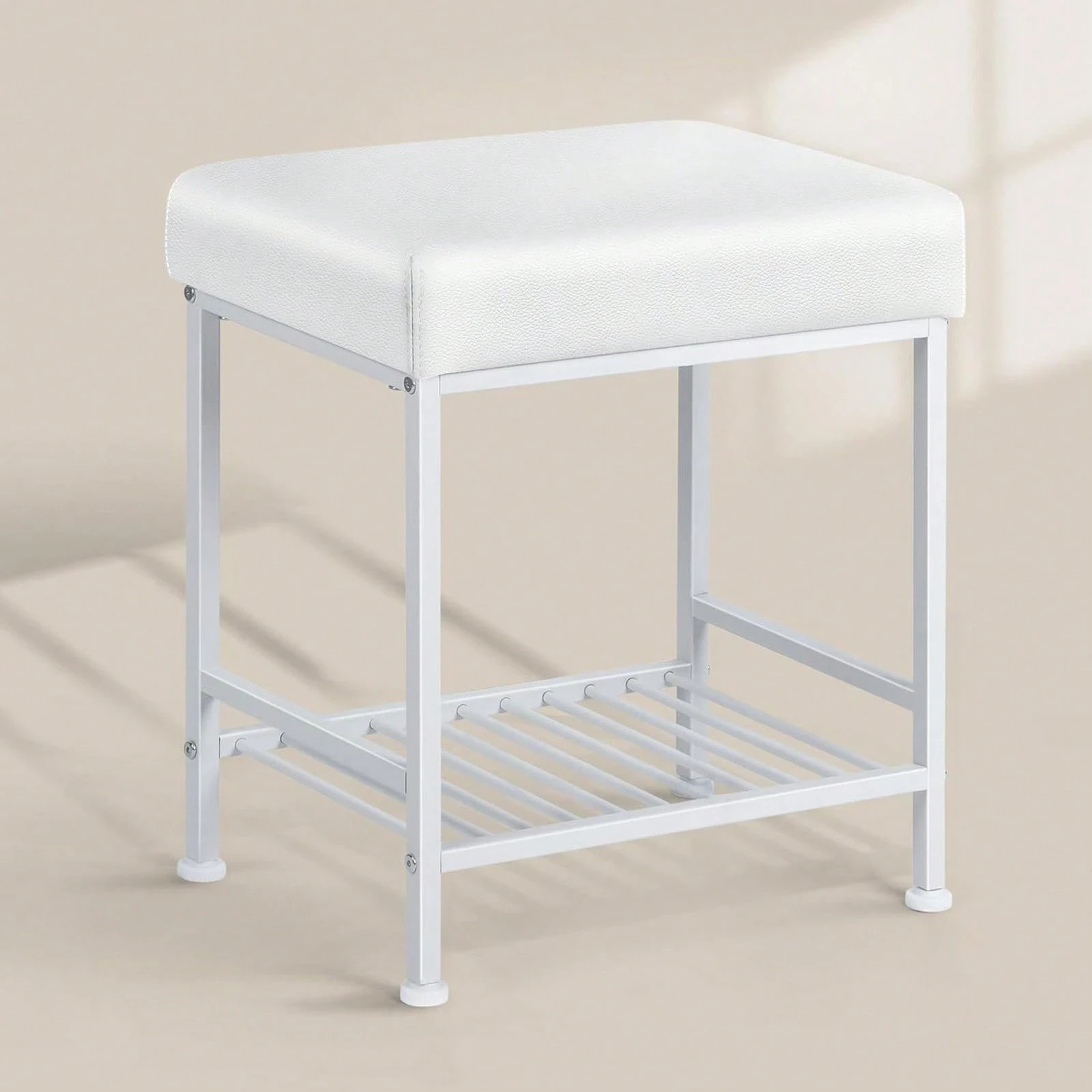 Storage Vanity Stool - Adjustable Square Ottoman With Leather, White