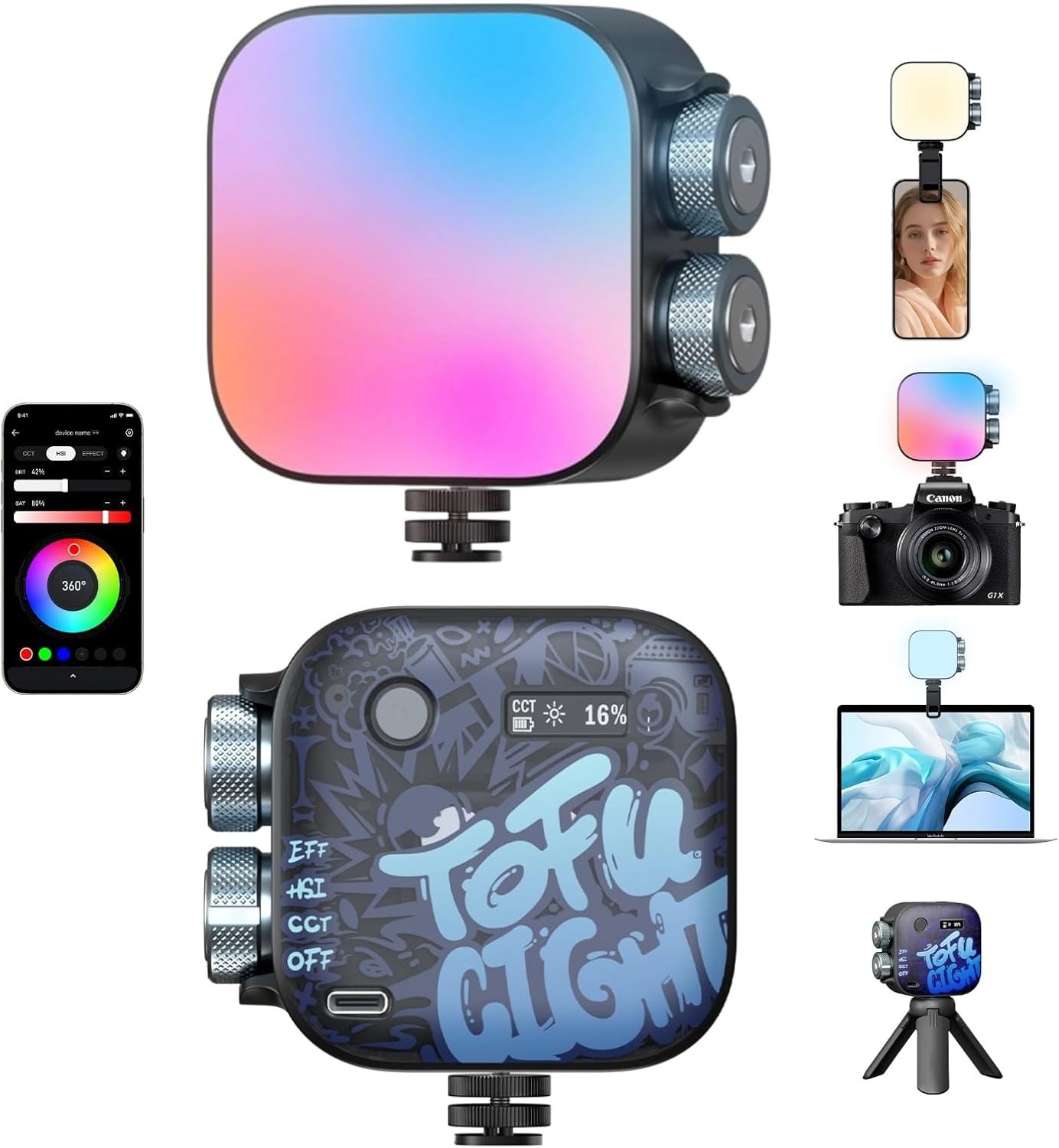 PHOTOOLEX RGB Video Light, Magnetic Small LED Panel Selfie Light w Cold Shoe