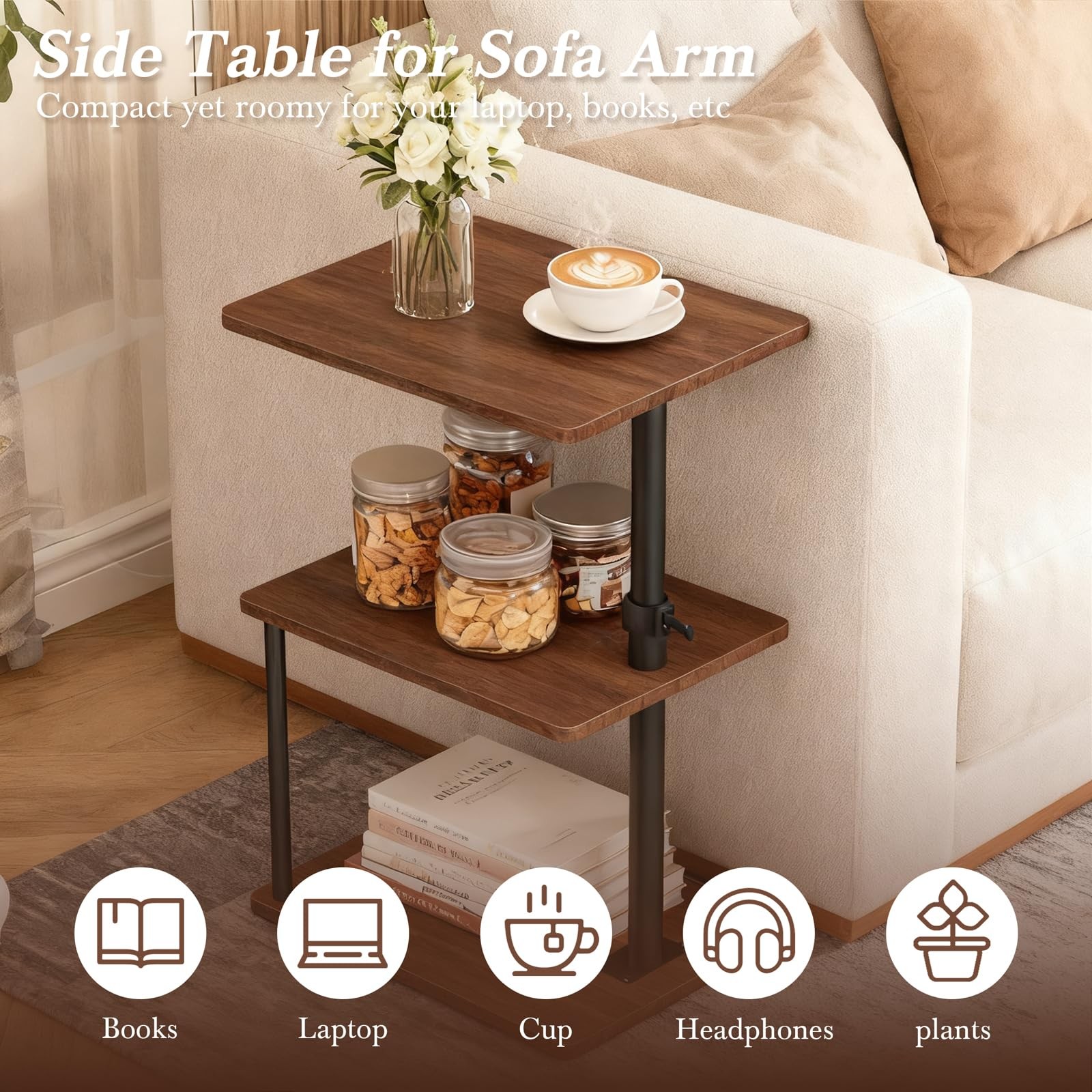Faesun 360° Swivel C Shaped End Table Adjustable Height 18-33" Storage Shelf