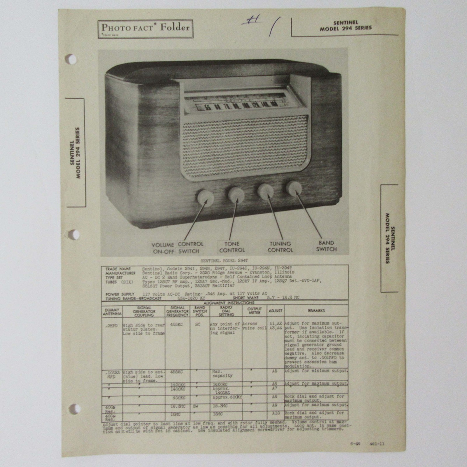 Sentinel Models 294I 294N 294T IU-294I IU-294N -T AM Radio SAMS Photofact ™ 1946