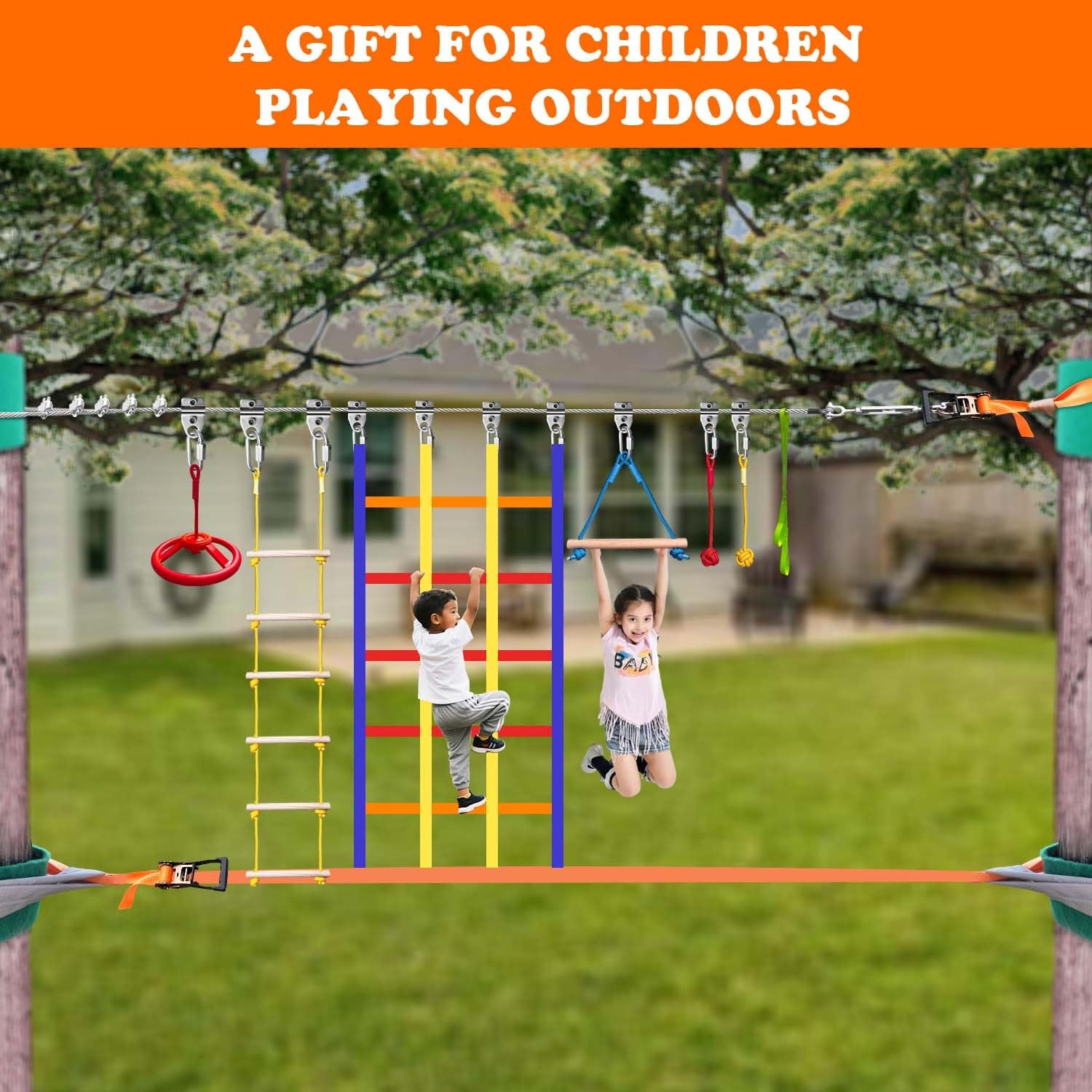Kids Ninja Climbing Cargo Net: Backyard Obstacle Course, Swing Set, & More