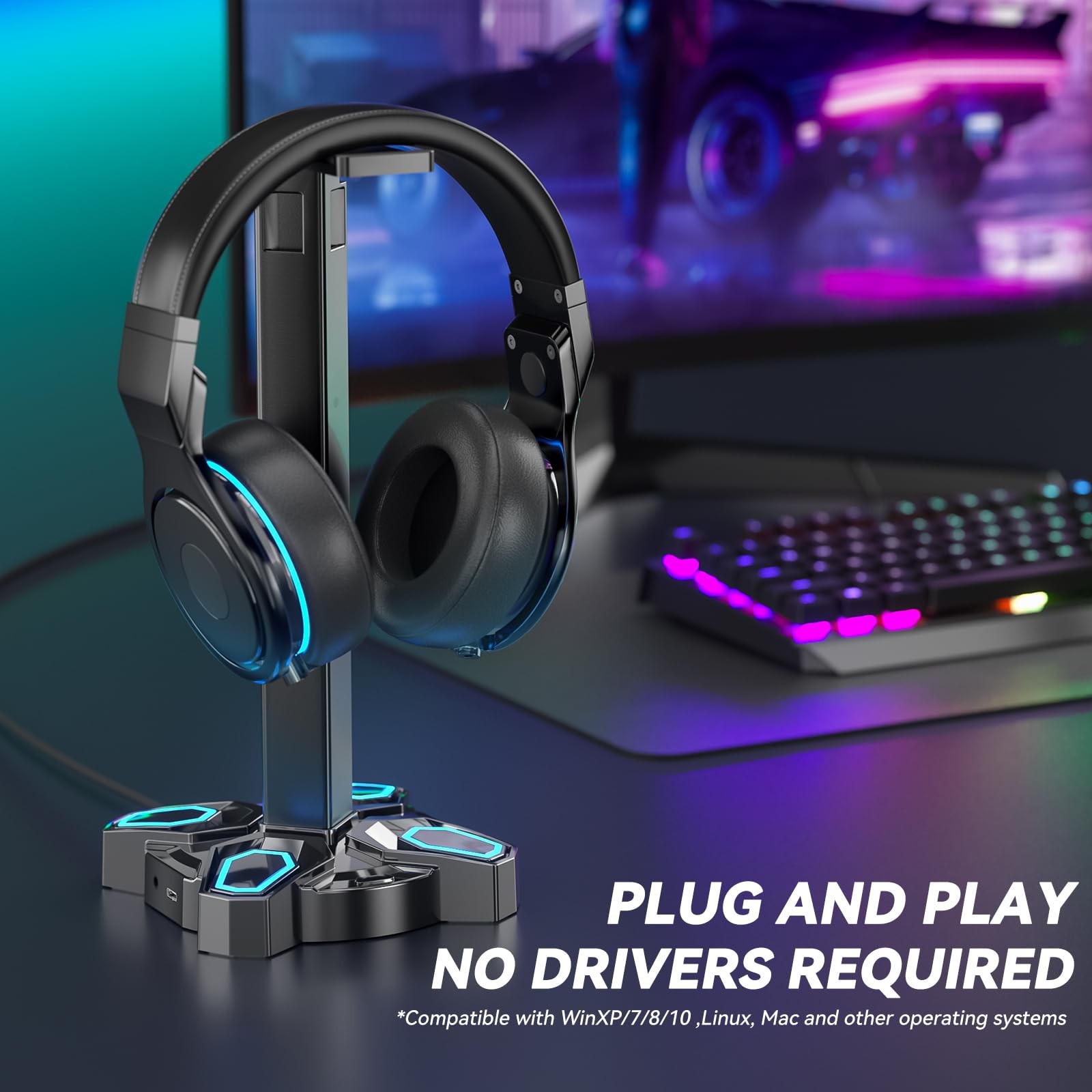 KDD Gaming Headphones Stand, Rotatable Headset Stand with Light Modes - Black